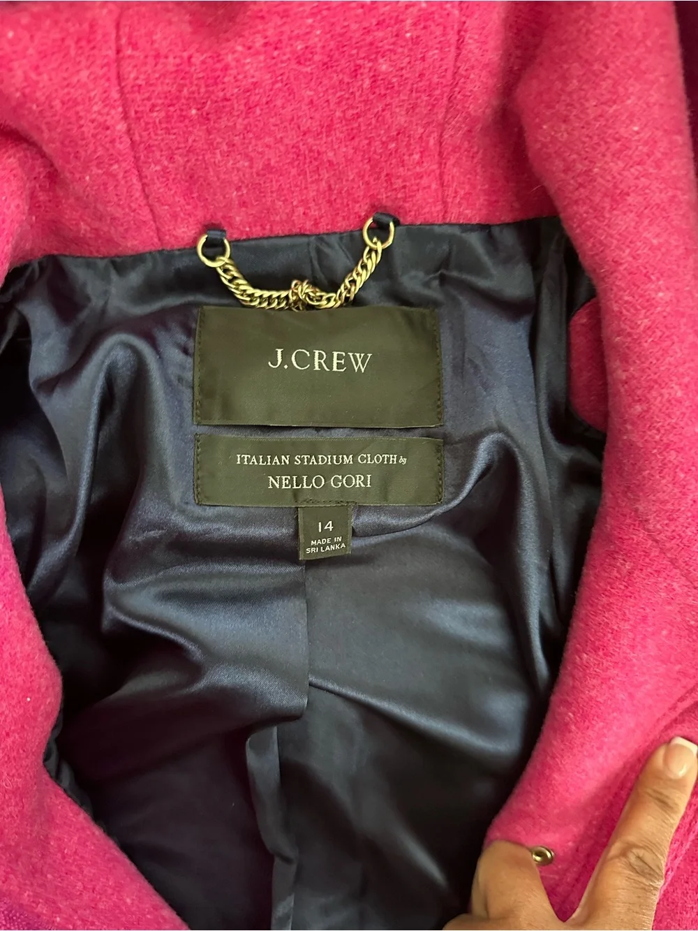 J. Crew Hot Pink Wool-Blend Pea Coat with Gold Chain Accent